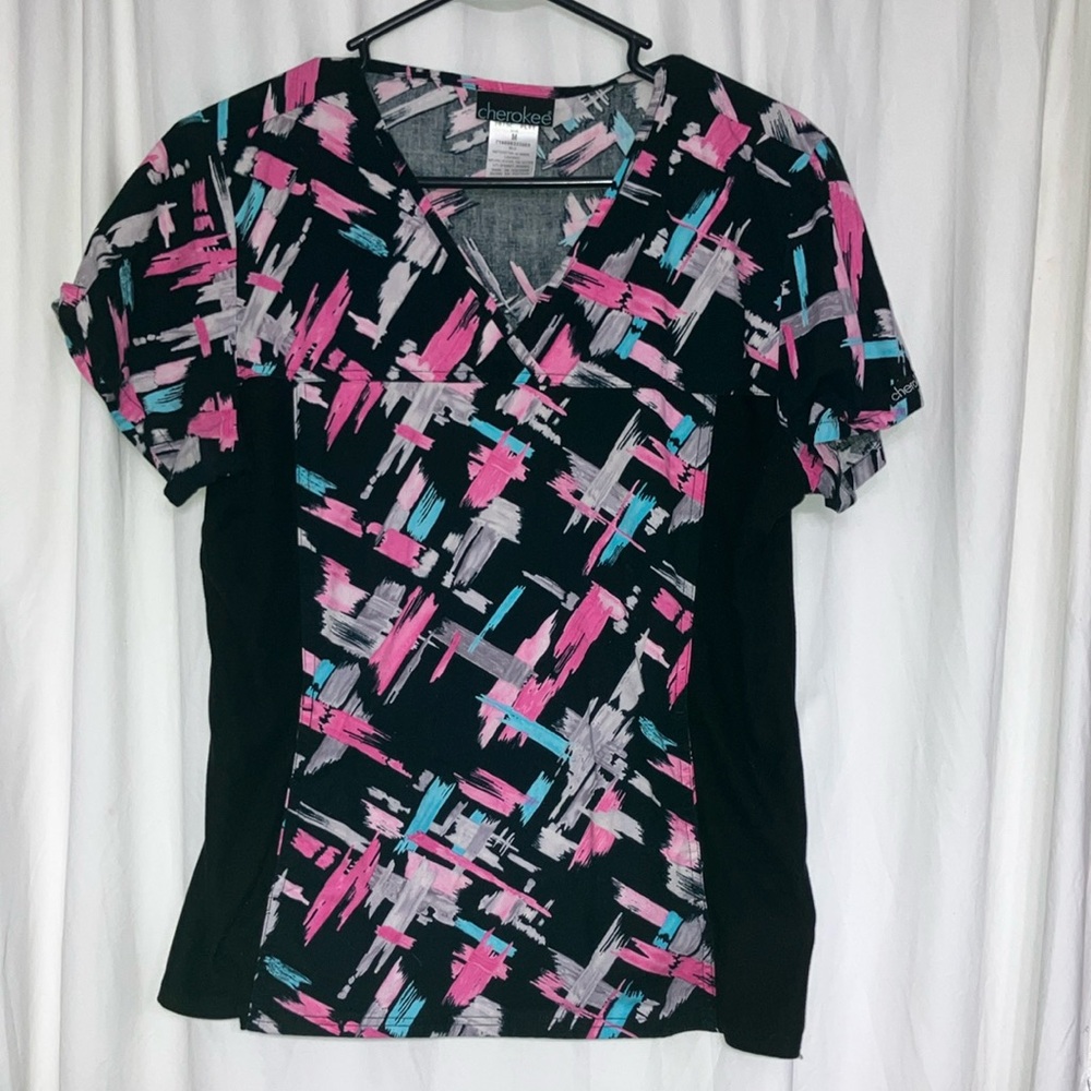 Cherokee Black and Pink Graphic Scrub top